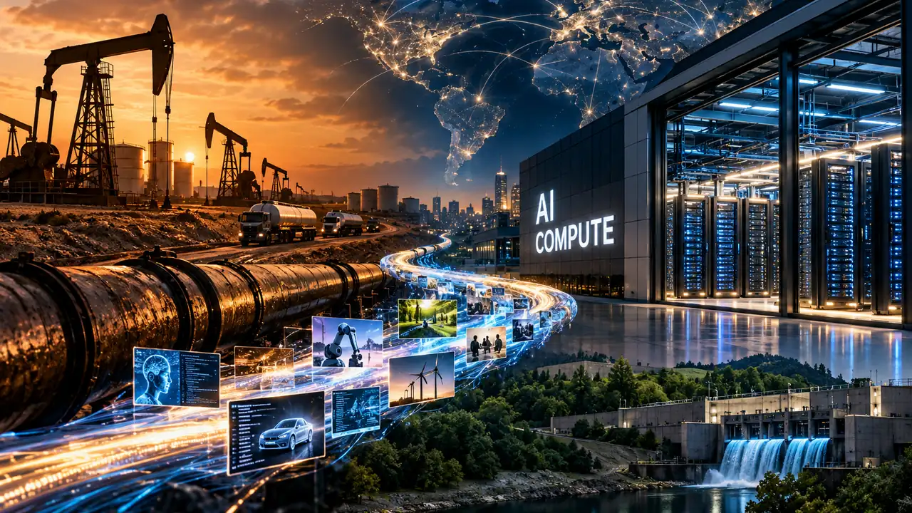 Oil pumpjacks and a pipeline at sunset turning into a stream of data and images that flows into a glowing AI compute data center, with a lit-up globe above and a hydroelectric dam below.