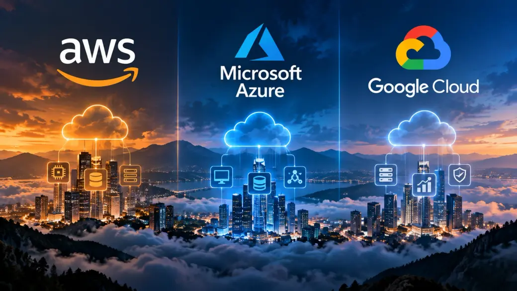 The AWS, Microsoft Azure and Google Cloud logos above three glowing city skylines in the clouds, each with its own cloud and service icons.