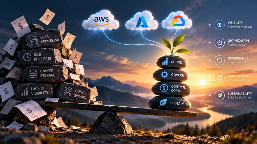 A seesaw at sunset tipping from a heap of rocks labelled over-provisioning, idle resources, unused storage and cost sprawl towards a neat stack labelled optimize, govern, control costs and sustain, under the AWS, Azure and Google Cloud logos.