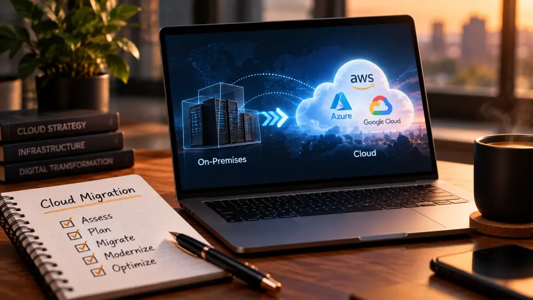 A laptop showing on-premises servers moving into a cloud marked AWS, Azure and Google Cloud, beside a notebook headed Cloud Migration with Assess, Plan, Migrate, Modernize and Optimize ticked off.