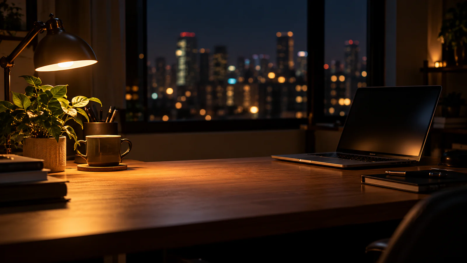 A quiet home office desk at night lit by a warm lamp, with city lights through the window