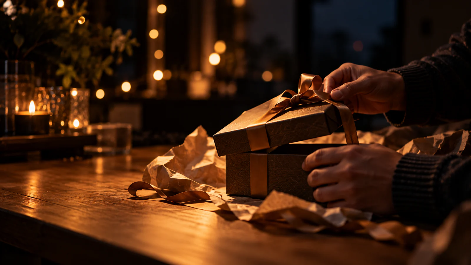 Hands opening a gift box on a wooden table, lit by warm candlelight and fairy lights