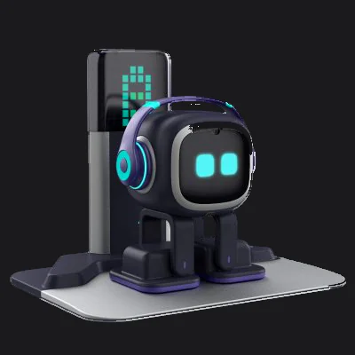 The EMO robot standing on its Home Station charging dock