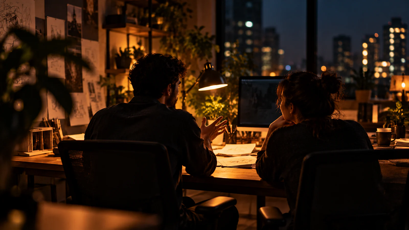 Two people chatting at a shared desk in a creative studio in the evening, with city lights outside