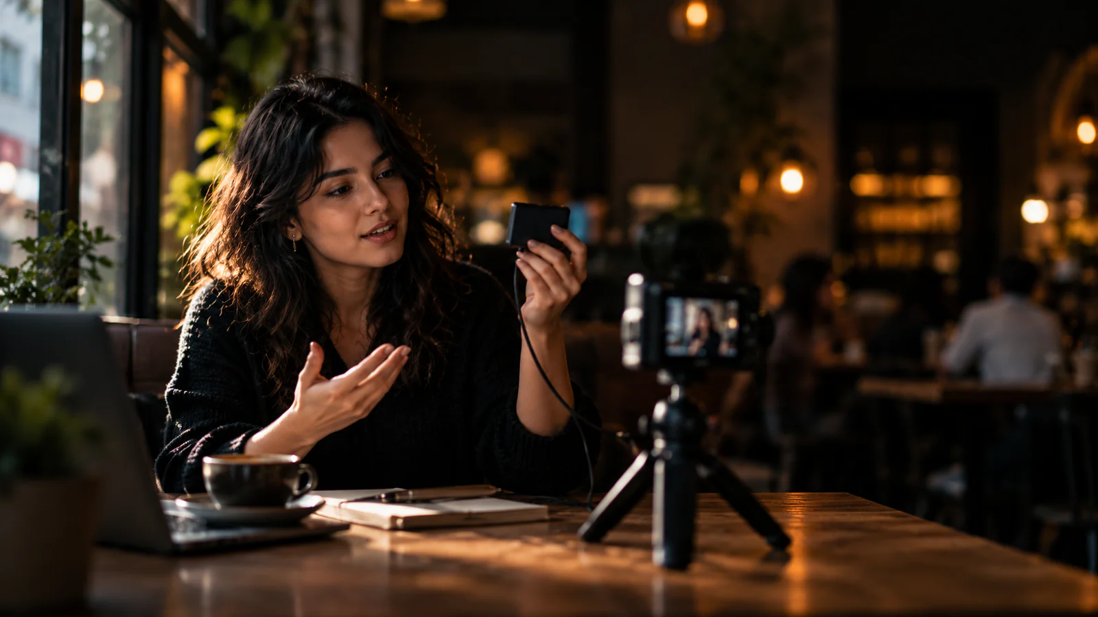 A creator recording herself at a café table while checking her framing on a small handheld screen