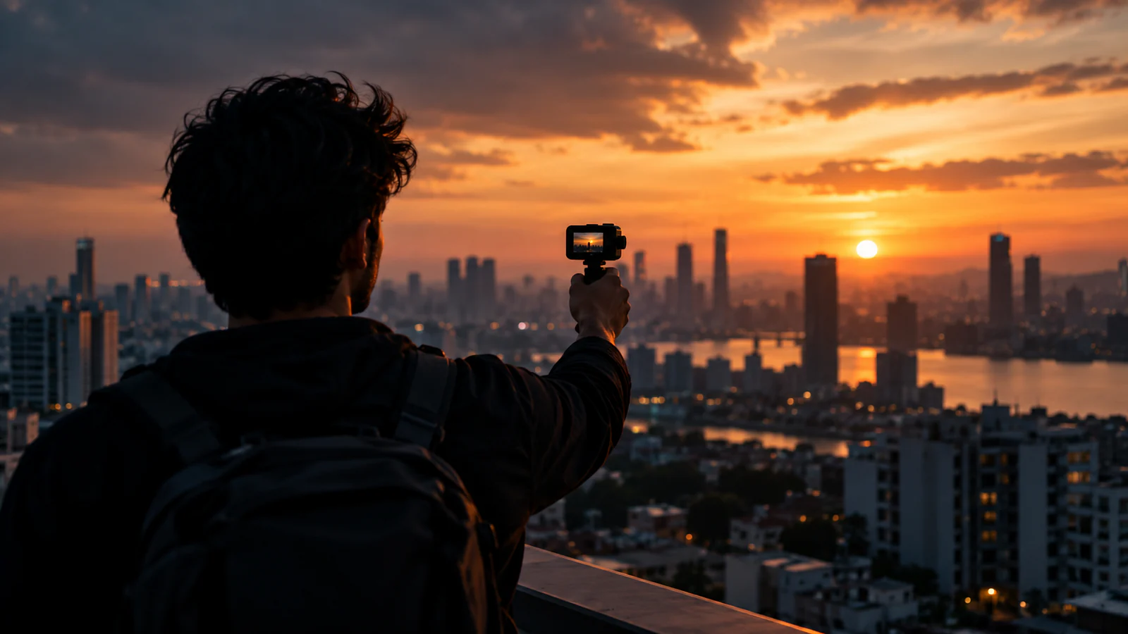 A traveller filming a city skyline at sunset with a small handheld camera