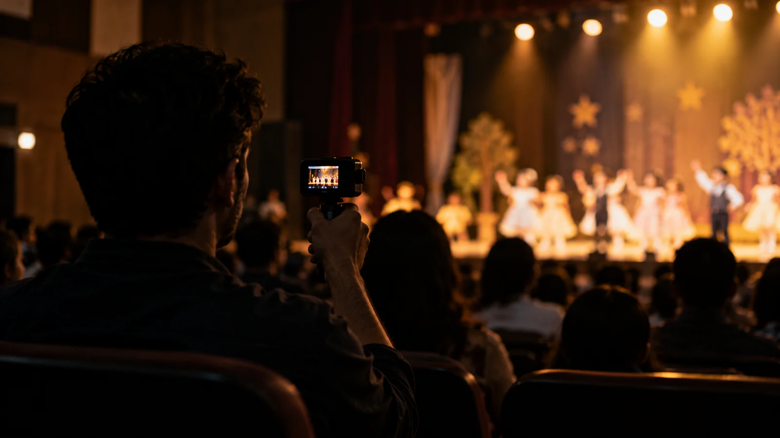 A parent at the back of a school auditorium filming a children's stage performance