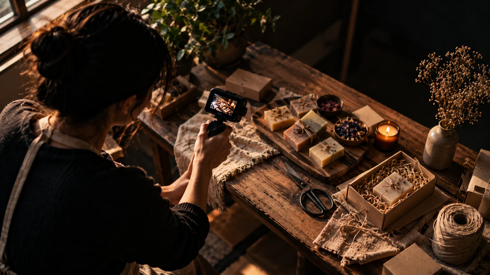A small business owner filming handmade soap products on a rustic workshop table