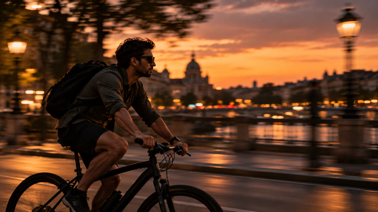 A cyclist in sunglasses riding along a city riverside at dusk with motion-blurred lights behind