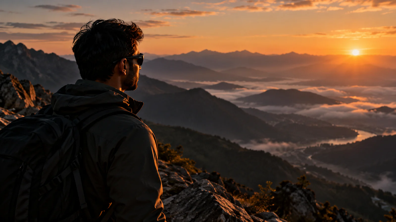 A person in sunglasses looking out from a mountain summit over a valley filled with mist at sunrise
