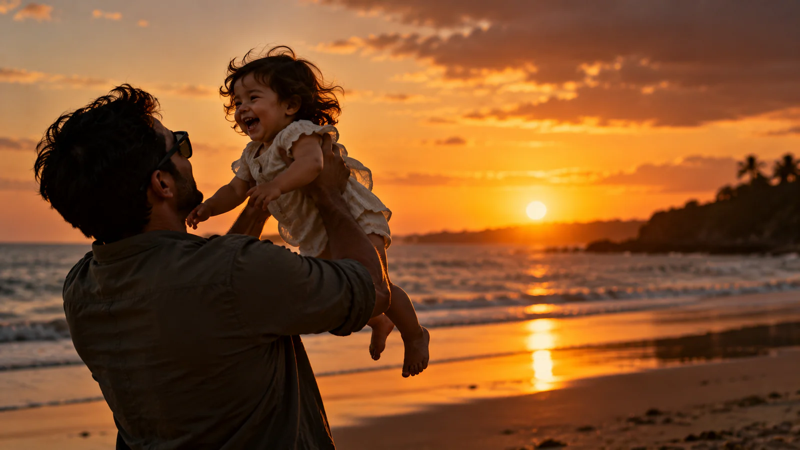 A parent in sunglasses lifting a laughing toddler into the air on a beach at sunset