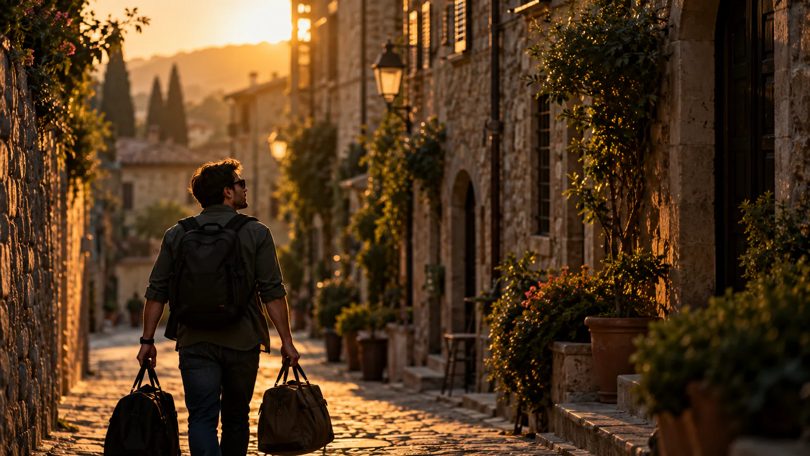 A traveller in sunglasses walking down a narrow old-town street at golden hour, carrying bags
