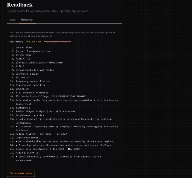 The Readback Machine view: the resume read line by line in parser order, with a legend marking lines read normally, read but at risk, and ones a strict system would lose.