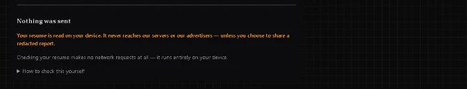 Readback's privacy note reading "Nothing was sent — your resume is read on your device … it runs entirely on your device."