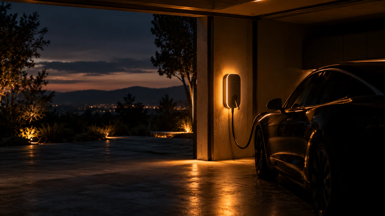 An electric car charging in a modern home garage at dusk, lit by the glow of a wall charger