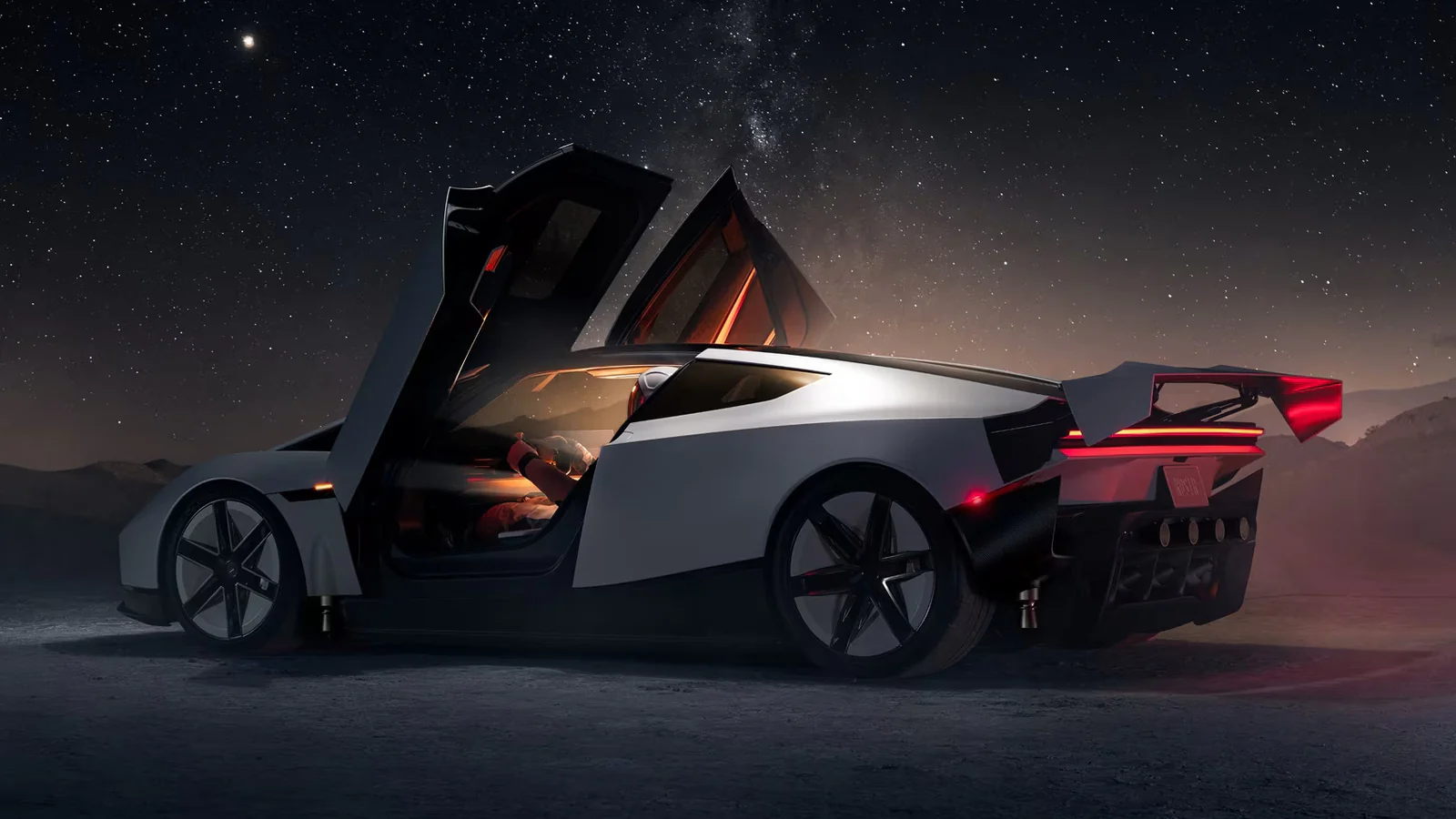 The new Tesla Roadster in white with its doors open, parked in the desert under a night sky
