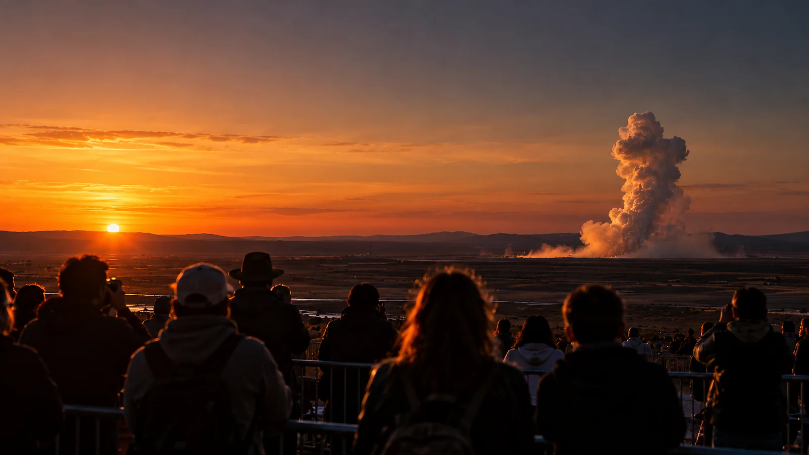 Spectators behind a barrier at sunset watching a tall cloud of white vapour rise in the distance