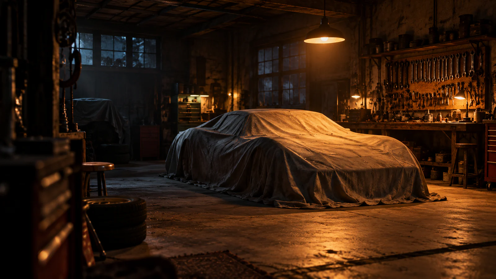 A covered sports car under a dust sheet in a dim, old workshop lit by a single lamp