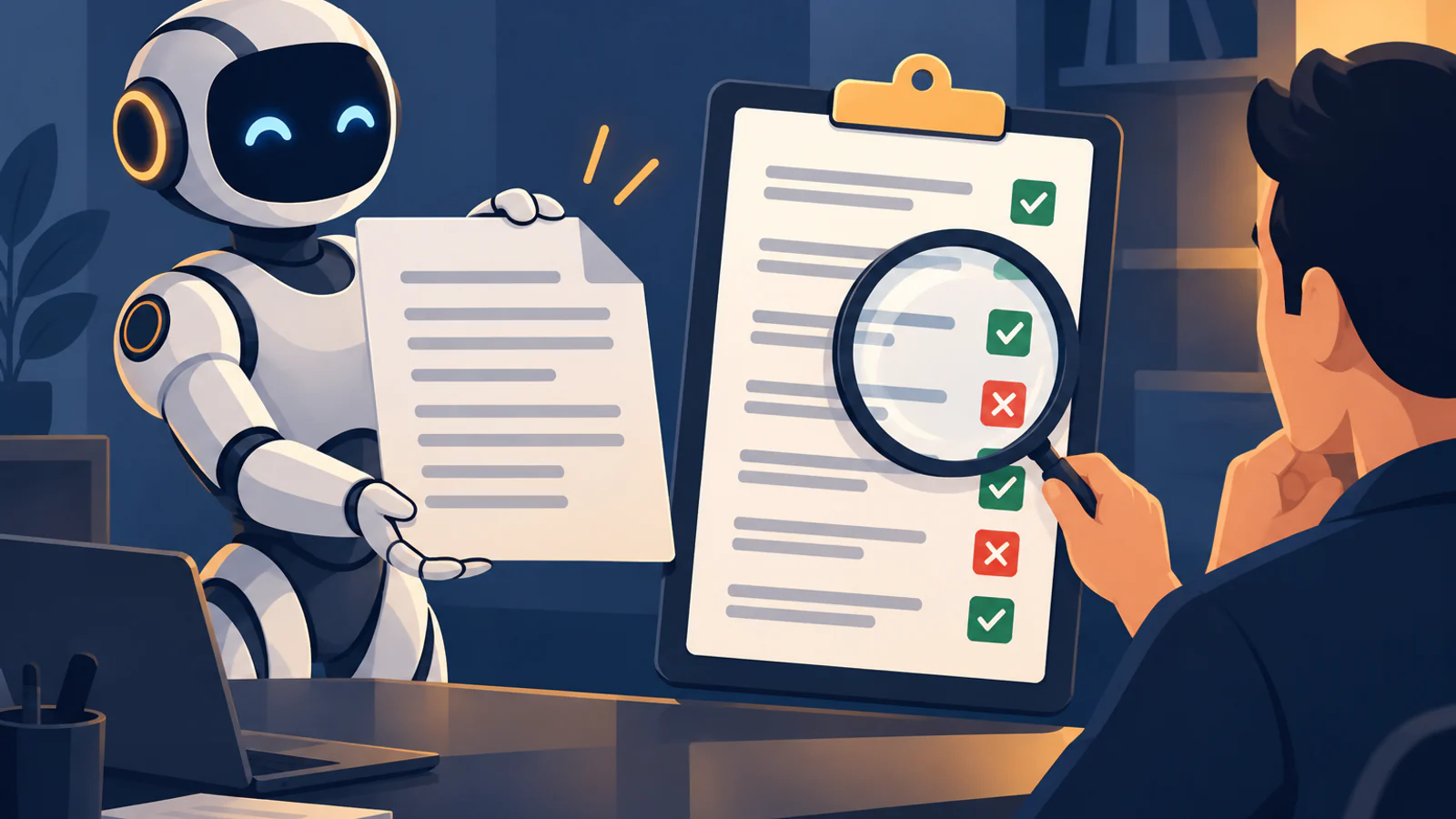 A robot hands over a document while a person checks a clipboard checklist through a magnifying glass, finding green ticks and red crosses