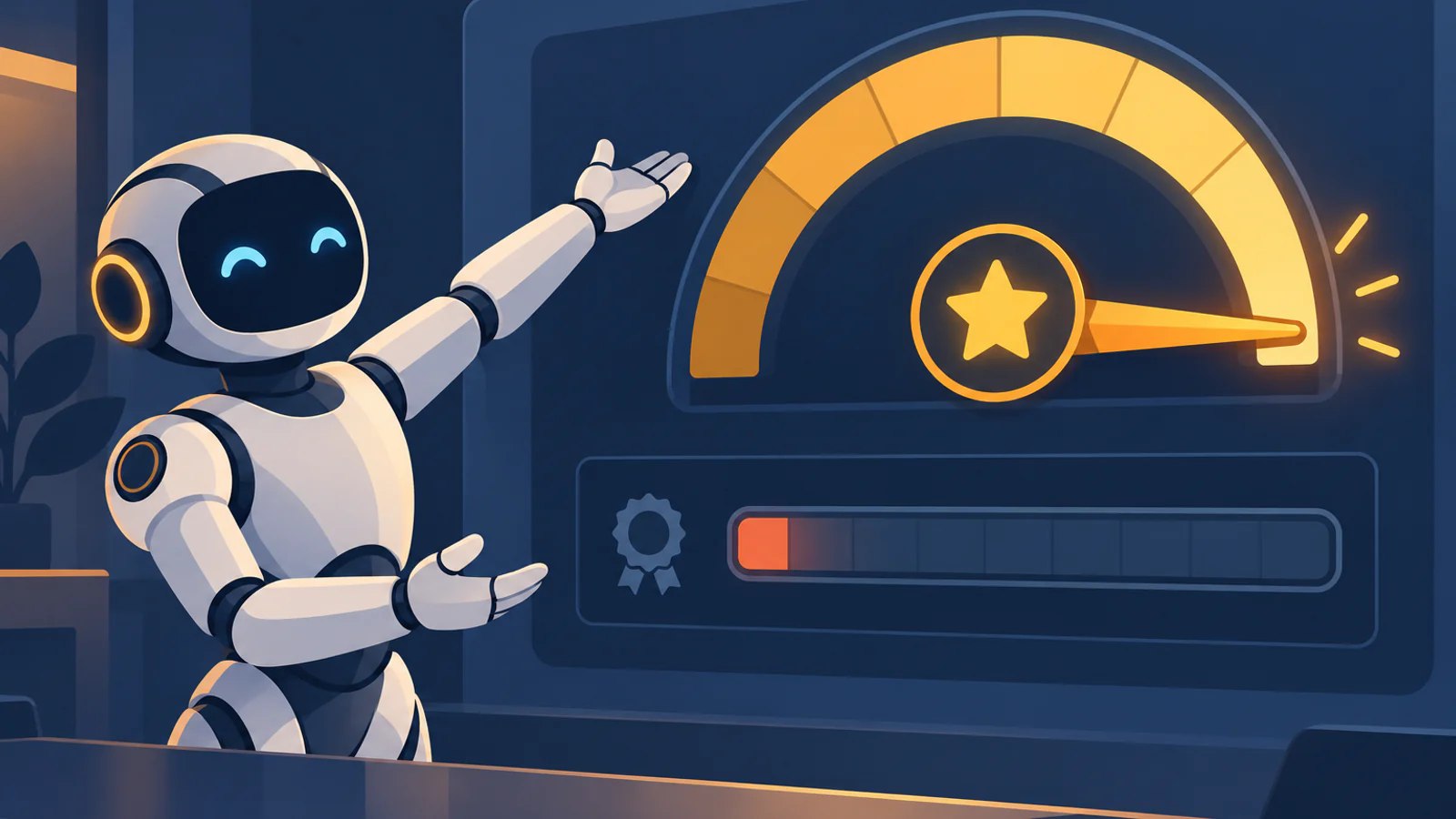 A robot proudly presents a dashboard whose confidence gauge is pushed to the maximum, while the progress bar beneath it has barely started