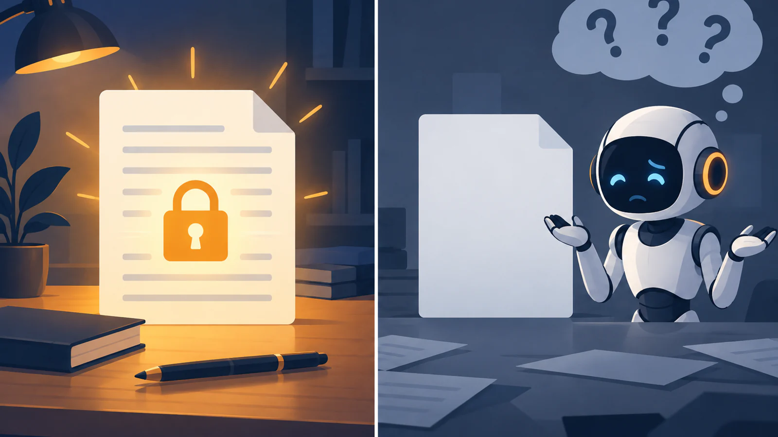 Split scene: on the left, a glowing document with a padlock on a lamp-lit desk; on the right, a blank page beside a puzzled robot with question marks above its head