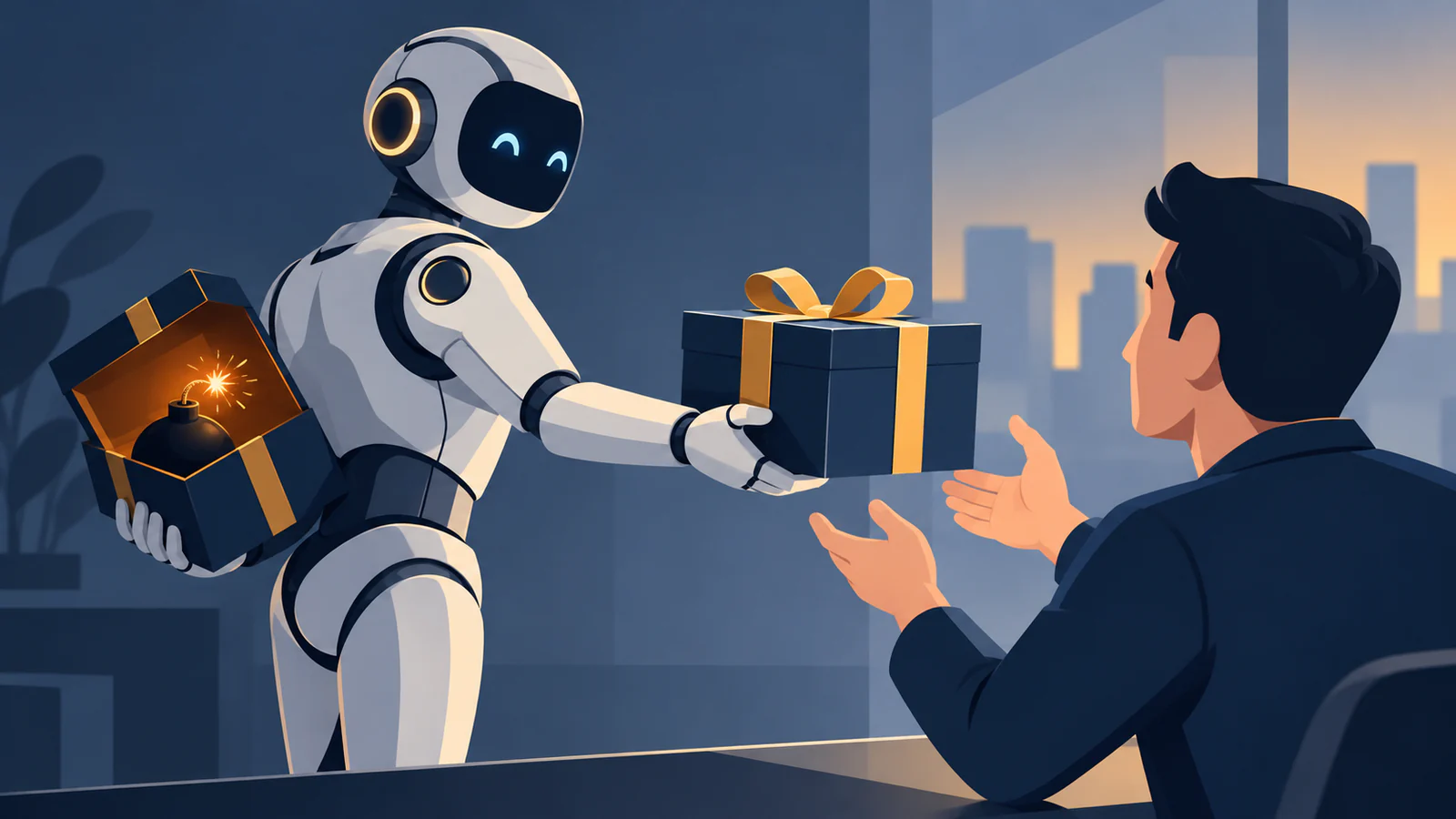 A smiling robot hands a person a wrapped gift while hiding a second open box with a lit bomb behind its back
