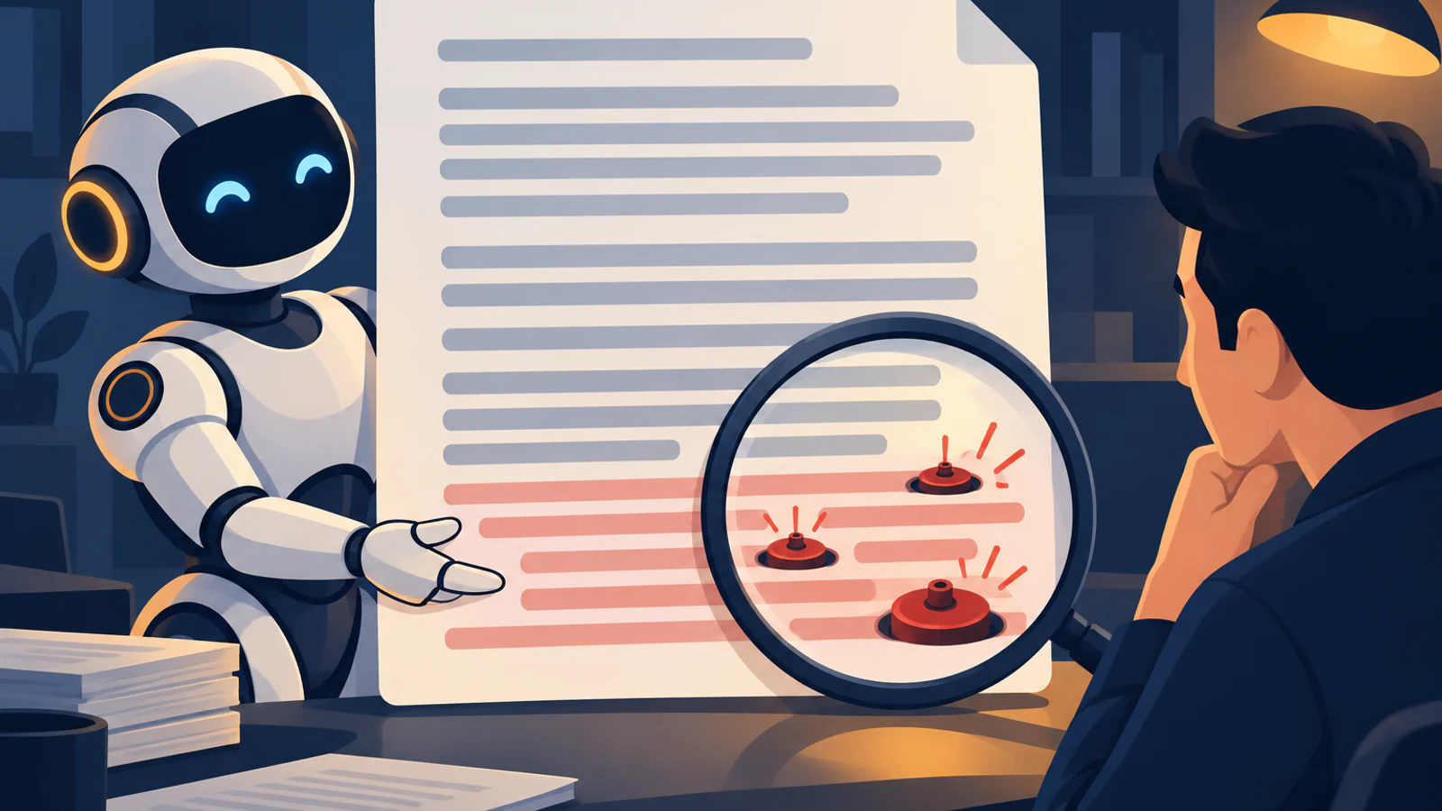 A robot presents a long document while a person's magnifying glass reveals red trigger buttons hidden in the highlighted lines near the end