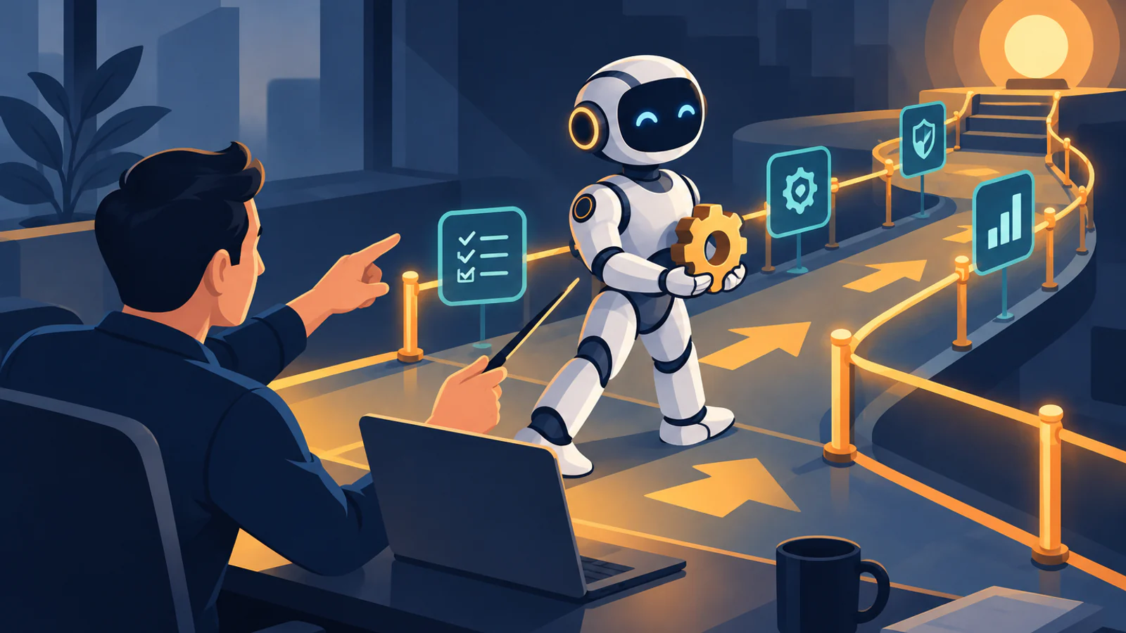 A person at a desk points the way for a white robot carrying a gear along a glowing, roped-off path past signs for a checklist, settings, security and results